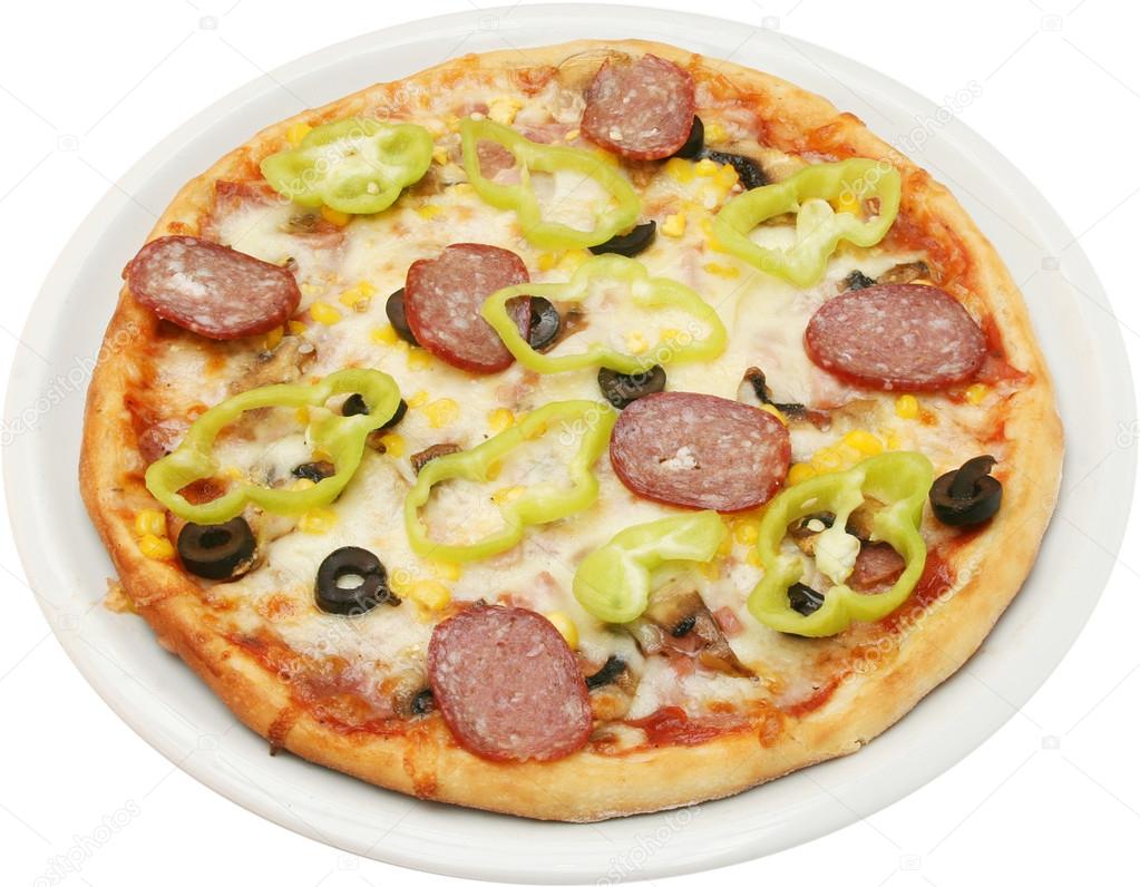 Pizza Calabrese with flat sausage salami bacon cheese and mushrooms