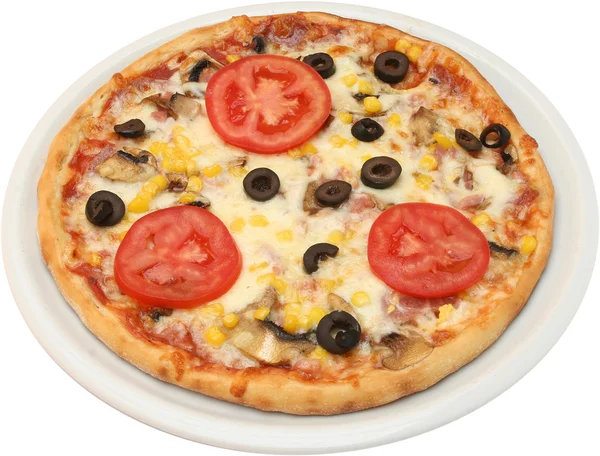 Kontandina Pizza z serem szynka cebuli i pomidorów — Zdjęcie stockowe