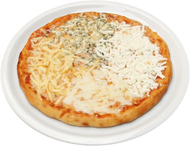 Pizza quattro formaggi peyniri, beyaz peynir, erimiş ve krem peynir ile