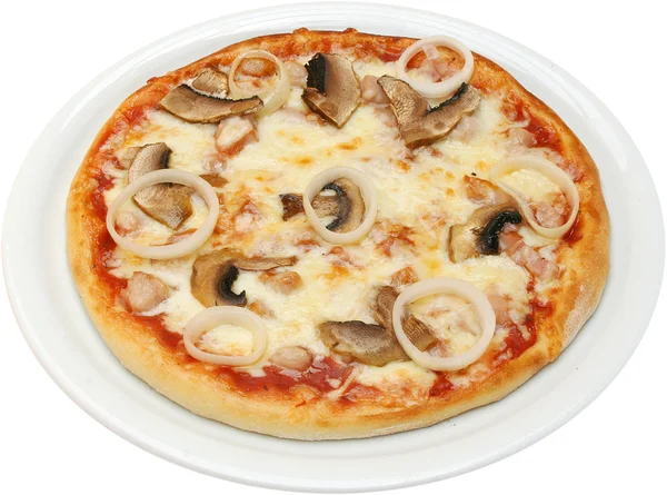 与奶酪西红柿蘑菇鸡肉披萨武士刀 — 图库照片