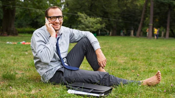 Happy businessman on grass — Stock Photo, Image
