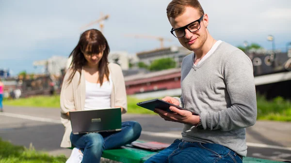 Studenti s tablety a notebooky v parku — Stock fotografie