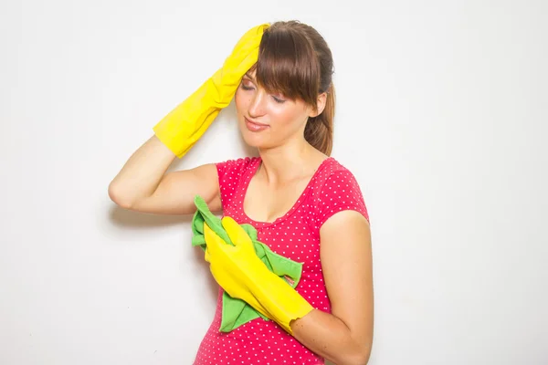 Woman with gloves and cloth — Stock Photo, Image