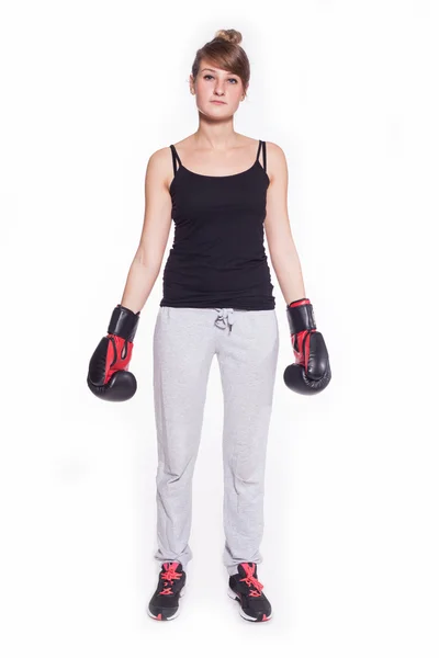 Woman wearing boxing gloves — Stock Photo, Image