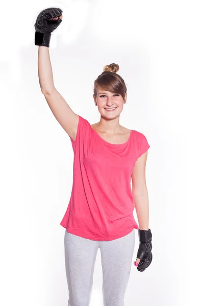 Woman wearing kickboxing gloves — Stock Photo, Image