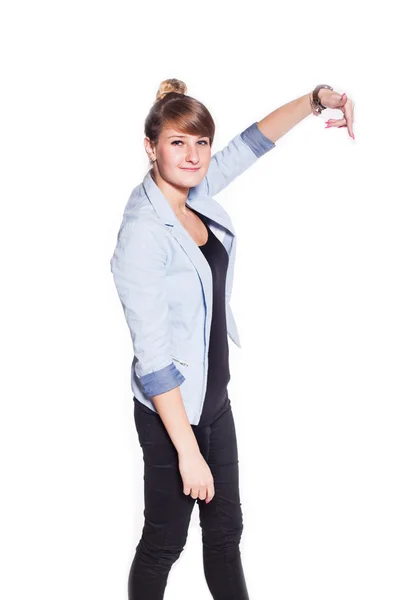 Geschäftsfrau mit offener Handfläche und leerem Kopierraum — Stockfoto