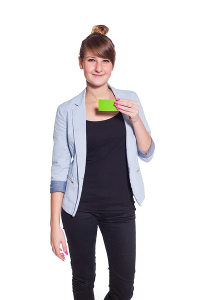 Businesswoman showing blank business card — Stock Photo, Image