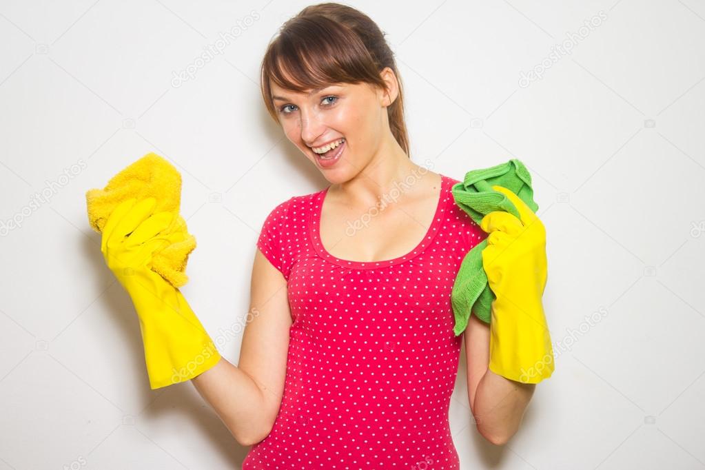 Woman with gloves and rags