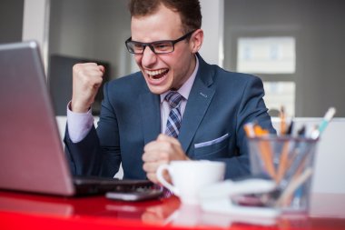 dizüstü bilgisayar ile mutlu işadamı