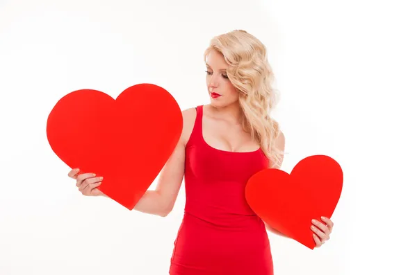 Blonde woman with hearts — Stock Photo, Image