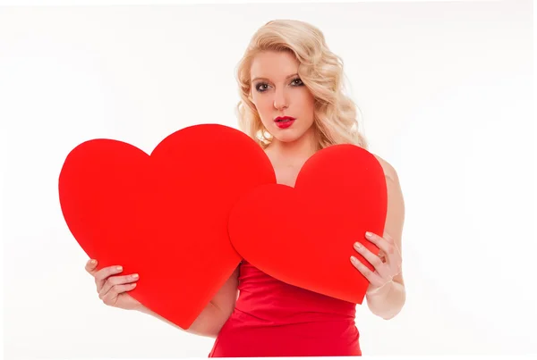 Blonde woman with hearts — Stock Photo, Image