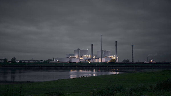  Magdeburg, Germany  October 26, 2021: Waste-to-energy plant in Magdeburg in the district of Rothensee on the banks of the river Elbe in the evening                              