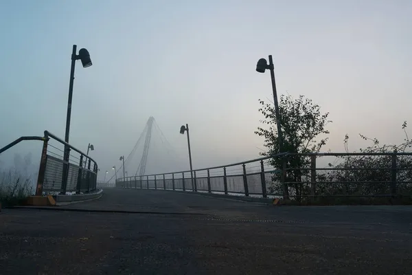 Herrenkrugsteg Suspension Bridge River Elbe Elbe Cycle Path Magdeburg Fog — Stock Photo, Image