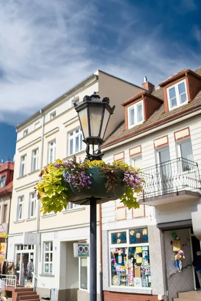 2021年9月6日 波兰科罗布热格 波兰科罗布热格市中心装饰着鲜花的灯笼 — 图库照片