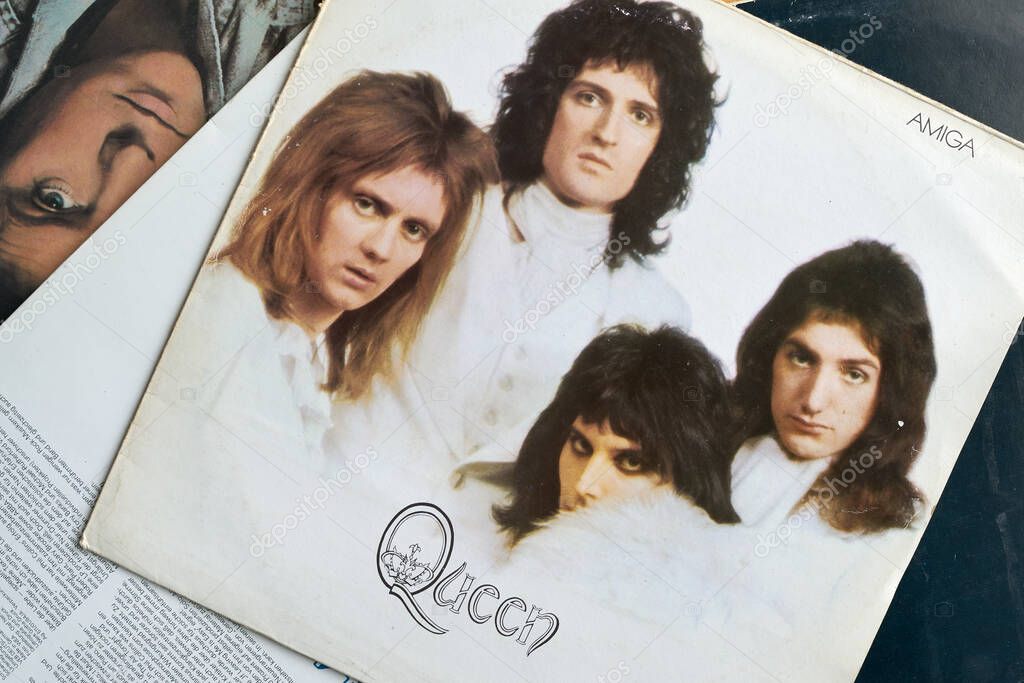 Magdeburg, Germany  January 15, 2022: Record cover of the rock band Queen, released in 1981 by the GDR record company Amiga. Amiga celebrates its 75th birthday in 2022