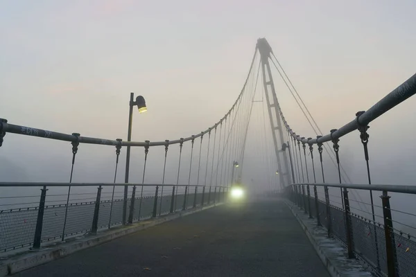 Suspension Bridge Herrenkrug Magdeburg Elbe Cycle Path Light Cyclist Fog — Stock Photo, Image