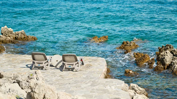 Two Sunbeds Bathing Place Rocky Coast Adriatic Sea Krk Croatia — стоковое фото