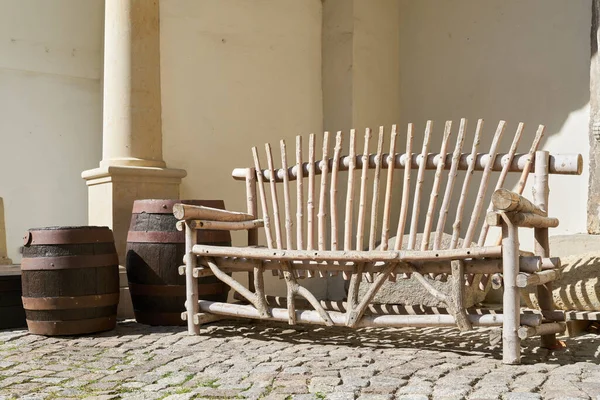 Courtyard Old Town Wittenberg Wooden Bench Barrels Decoration — Stock Photo, Image