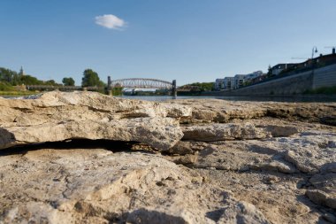   Cathedral rock, Domfelsen in the riverbed of the Elbe River near Magdeburg exposed due to great drought                             