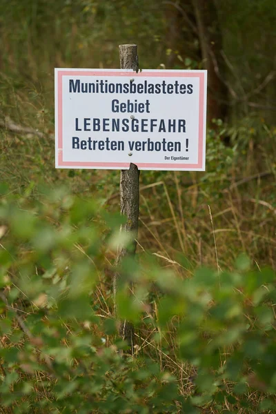 Prohibition Sign Forest Germany Translation Ammunition Contaminated Area Danger Life — Stock Photo, Image