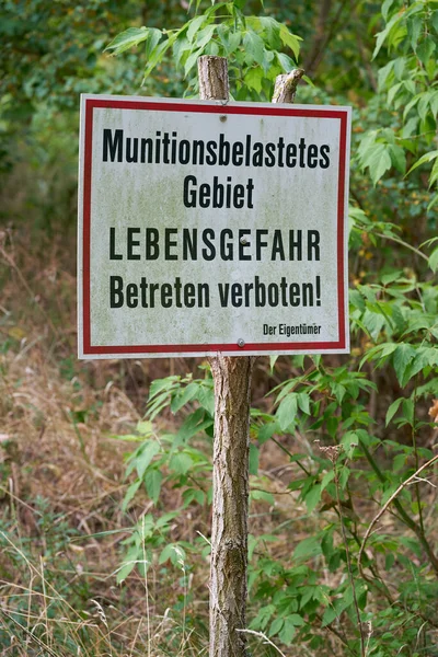 Prohibition Sign Forest Germany Translation Ammunition Contaminated Area Danger Life — Stock fotografie