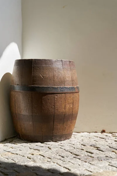 Wooden barrel made of oak wood as decoration in the courtyard of a brewery in germany