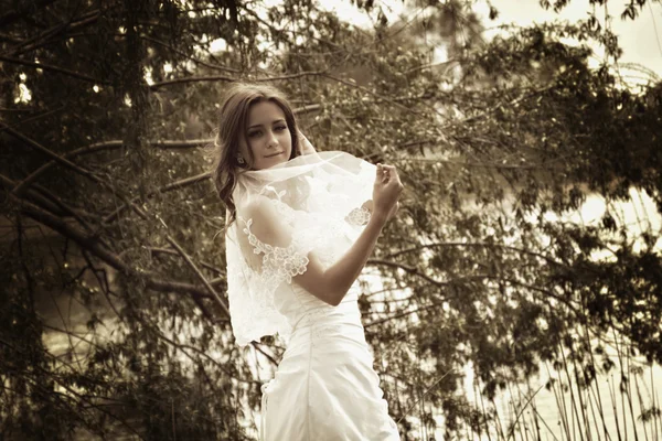 Beautiful Bride Posing In Nature — Stock Photo, Image