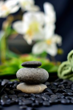 Siyah Spa kayalar ve beyaz çiçek