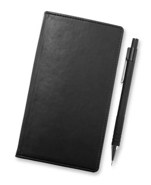 Cuaderno negro y lápiz aislado sobre fondo blanco, corporat — Foto de Stock