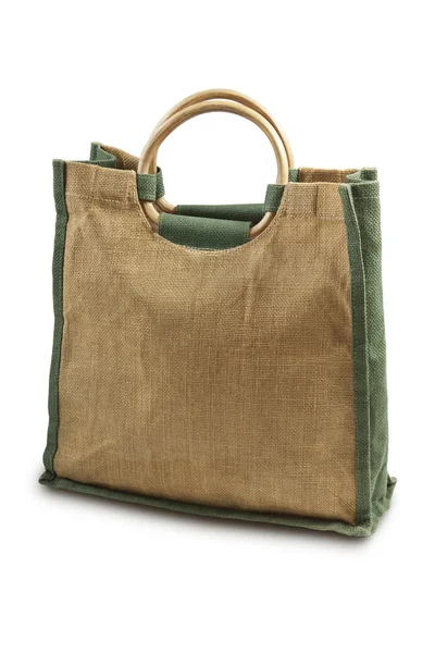 Recyklingu jutowym lub juty torbie z drewniane uchwyty isol — Zdjęcie stockowe