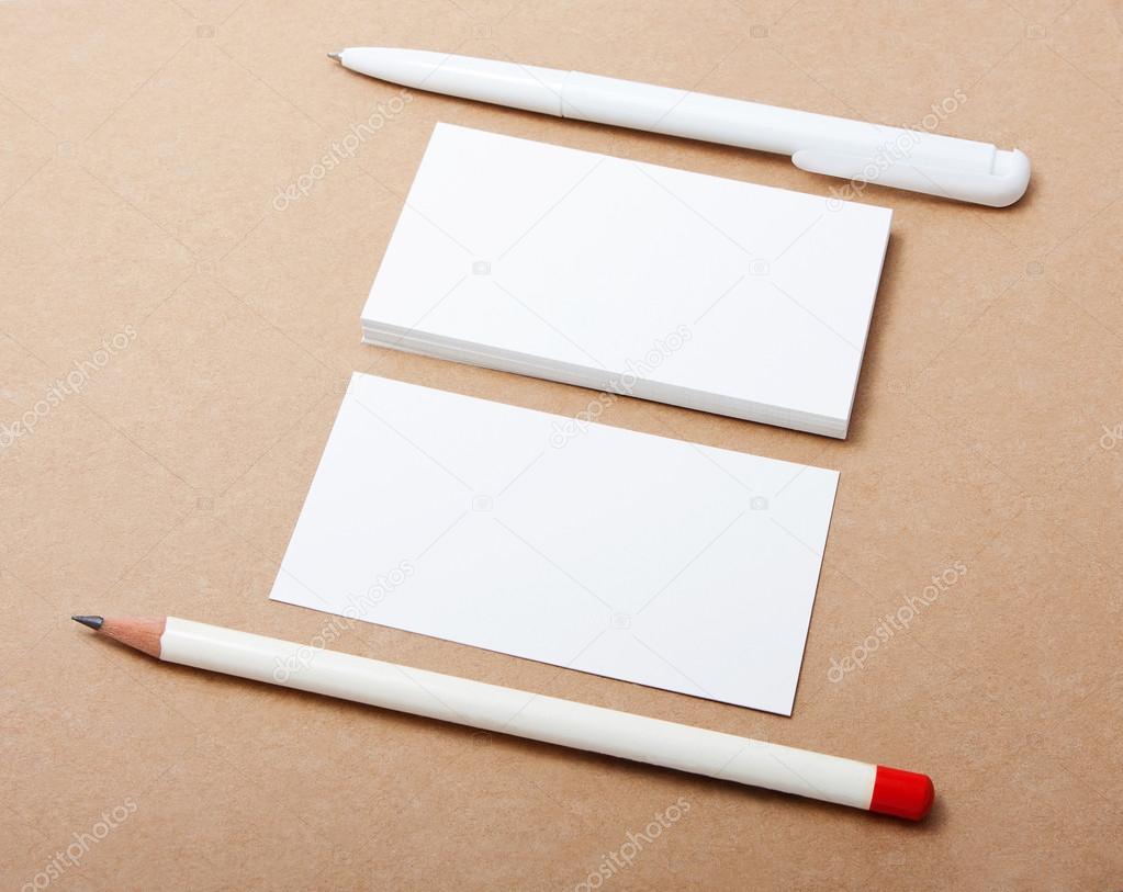 business cards, pencil, pen