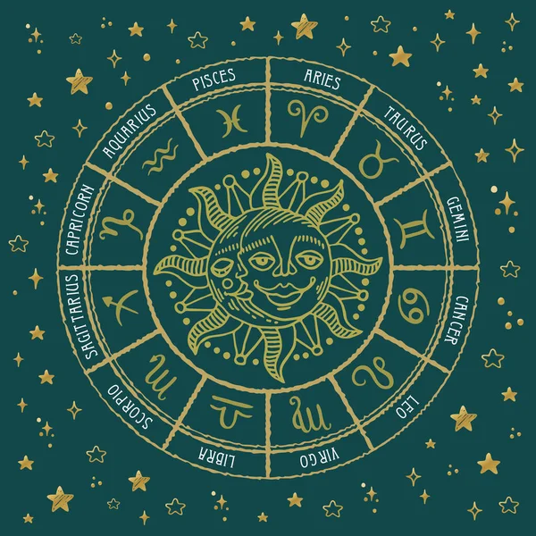 Cerchio Oroscopo Con Sole Luna Stella Segni Zodiacali — Vettoriale Stock