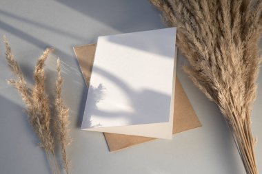 Kahverengi zarf üzerinde boş beyaz kağıt ile düz kompozisyon yatıyordu.