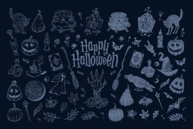 Cadılar Bayramı karalamaları seti. Cadılar Bayramı ve okült için dekorasyon.