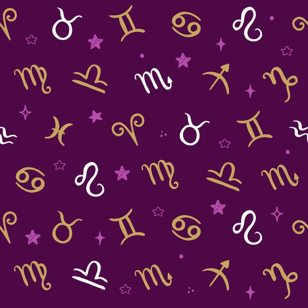 Horoscope Symboles Motif Sans Couture Avec Dessiné Main Signes Zodiaque — Image vectorielle