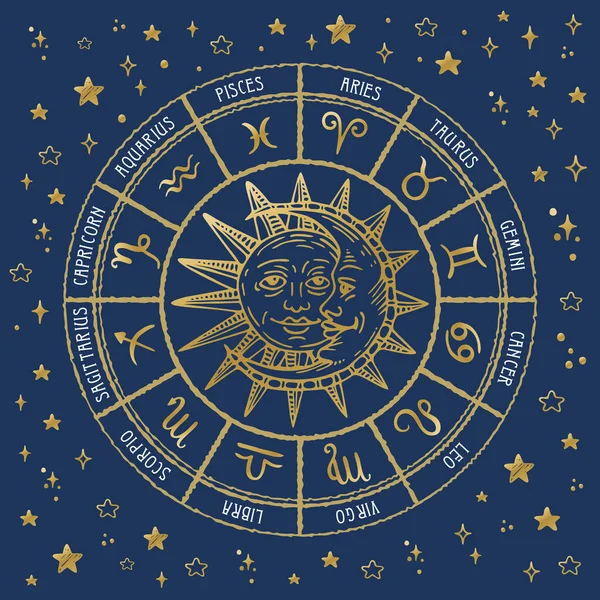 Horoskop Okręgu Znakami Słońca Księżyca Gwiazdy Zodiaku — Wektor stockowy