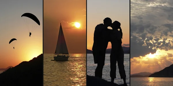 Collage romantico - scenario al tramonto con gli amanti Immagine Stock