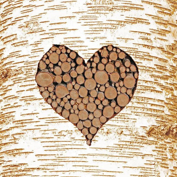 Birch tree bark with heart shaped cutout, filled with wooden logs — Stock Photo, Image