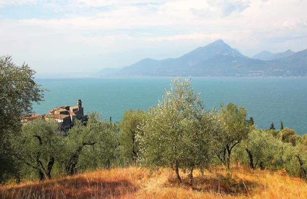 Vista sul villaggio pai, uliveto e lago di garda, Italia — Foto Stock