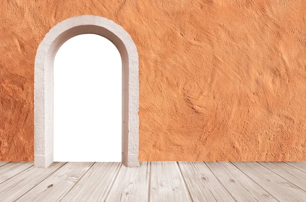 Pokoj design s středomořské fasády, dřevěné podlahy a klenuté dveře — Stock fotografie