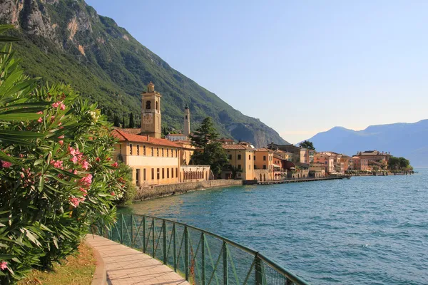 Picturesque lakeside promenade with oleander — Stock Photo, Image