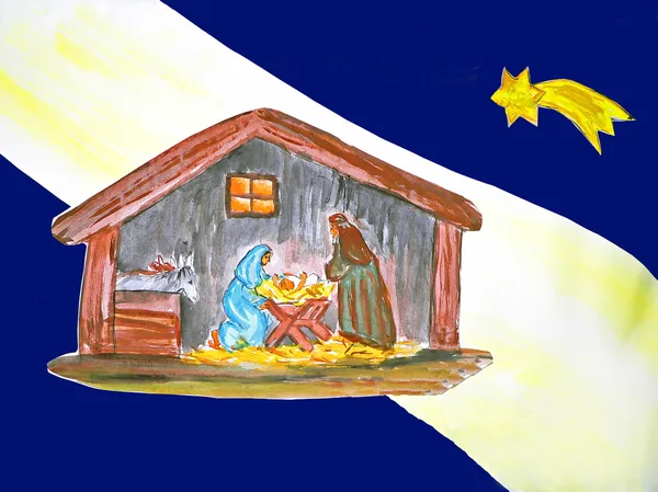 Sacra pittura di famiglia, disegno biglietto di Natale — Foto Stock