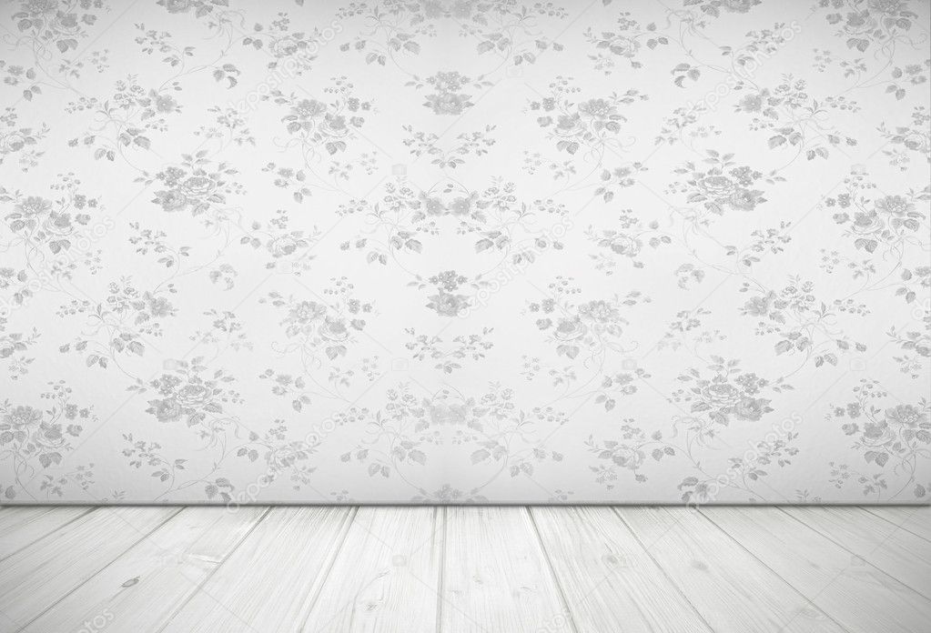 Nostalgic living room design with vintage rose wallpaper, light grey