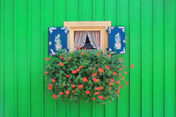 Fenêtre du hangar à bateaux avec volets peints et boîte à fleurs — Photo