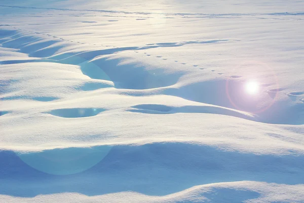 Snö täckta fältet med ljusa facklor, vintern bakgrund — Stockfoto