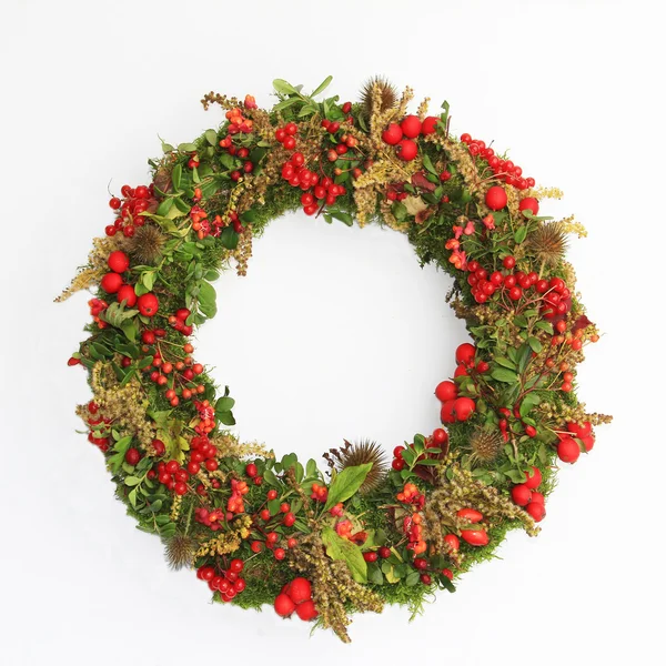 Decorative autumn wreath with moss, berries and tiny apples — Stock Photo, Image