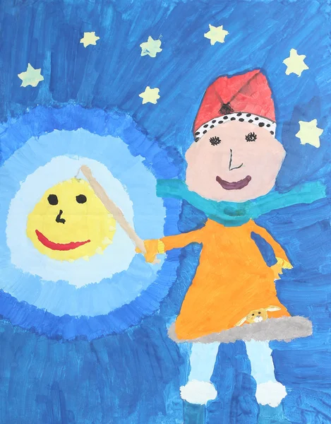 Akwarela malarstwo dla dzieci: dziewczynka z latarnią na dzień martinmas — Zdjęcie stockowe