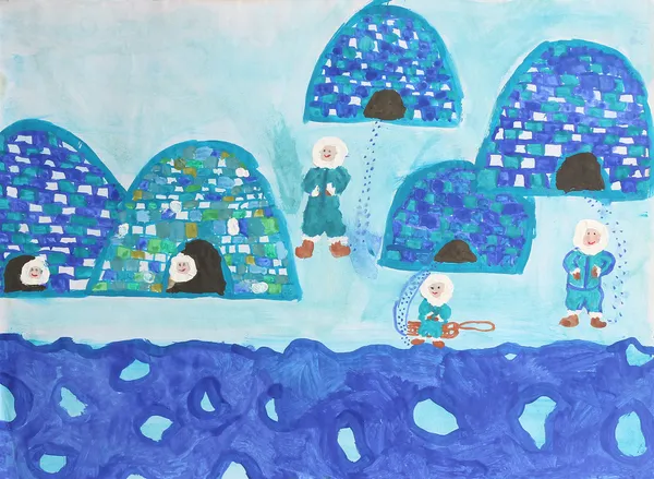 Childrens aquarel: groep van Eskimo's met iglus — Stockfoto