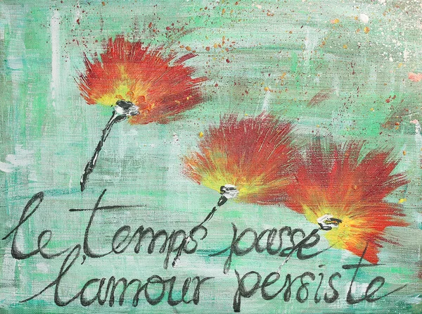 Red poppy flowers - hand painted acrylic with French aphorism — Stock Photo, Image