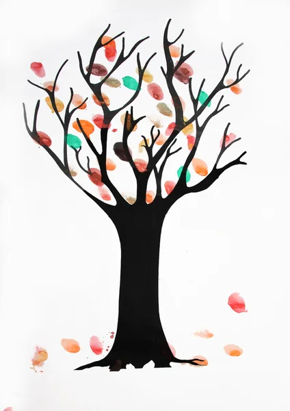 Children watercolor painting, autumnal tree with falling leaves — Stock Photo, Image